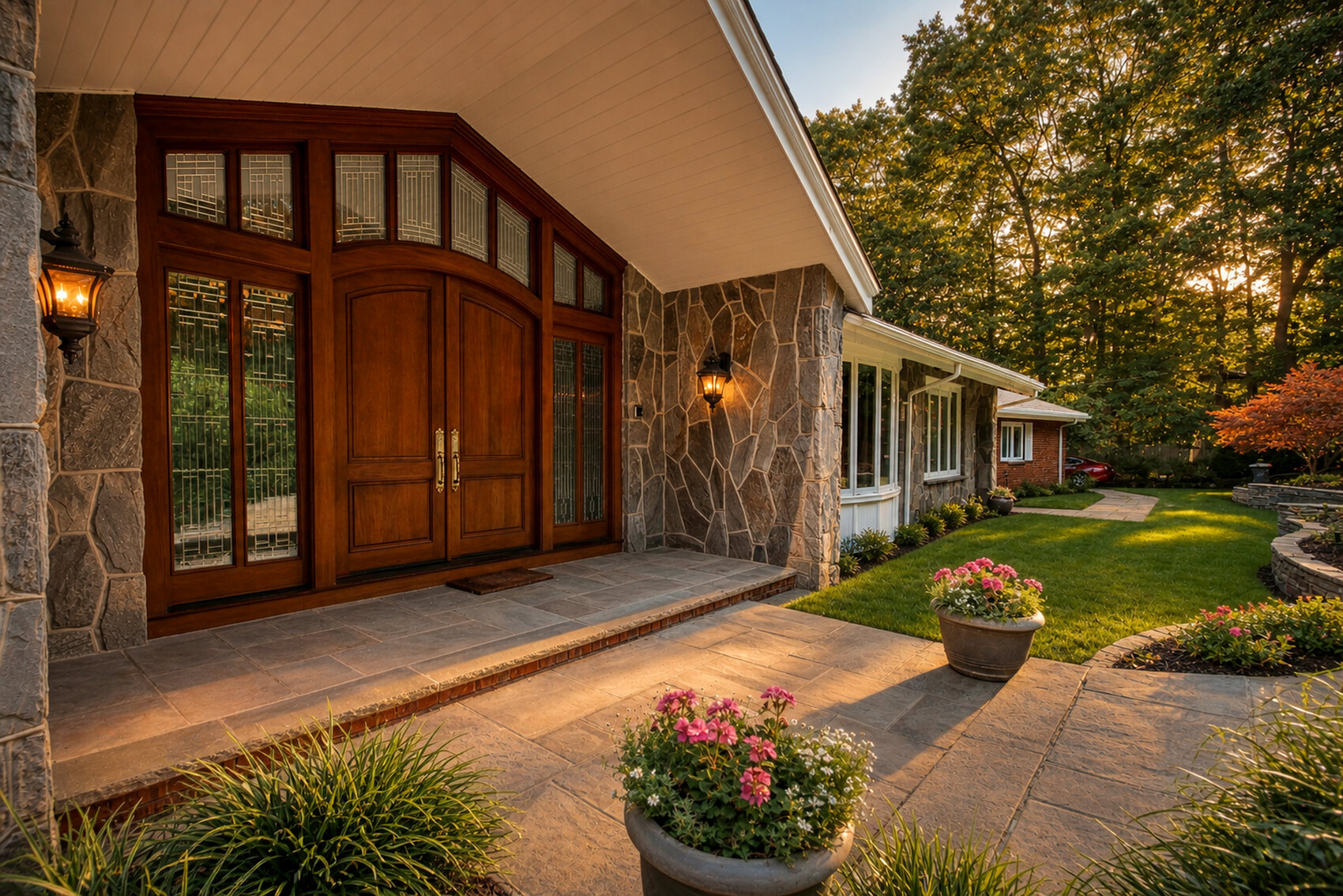 Arched wood front doors set in natural stone