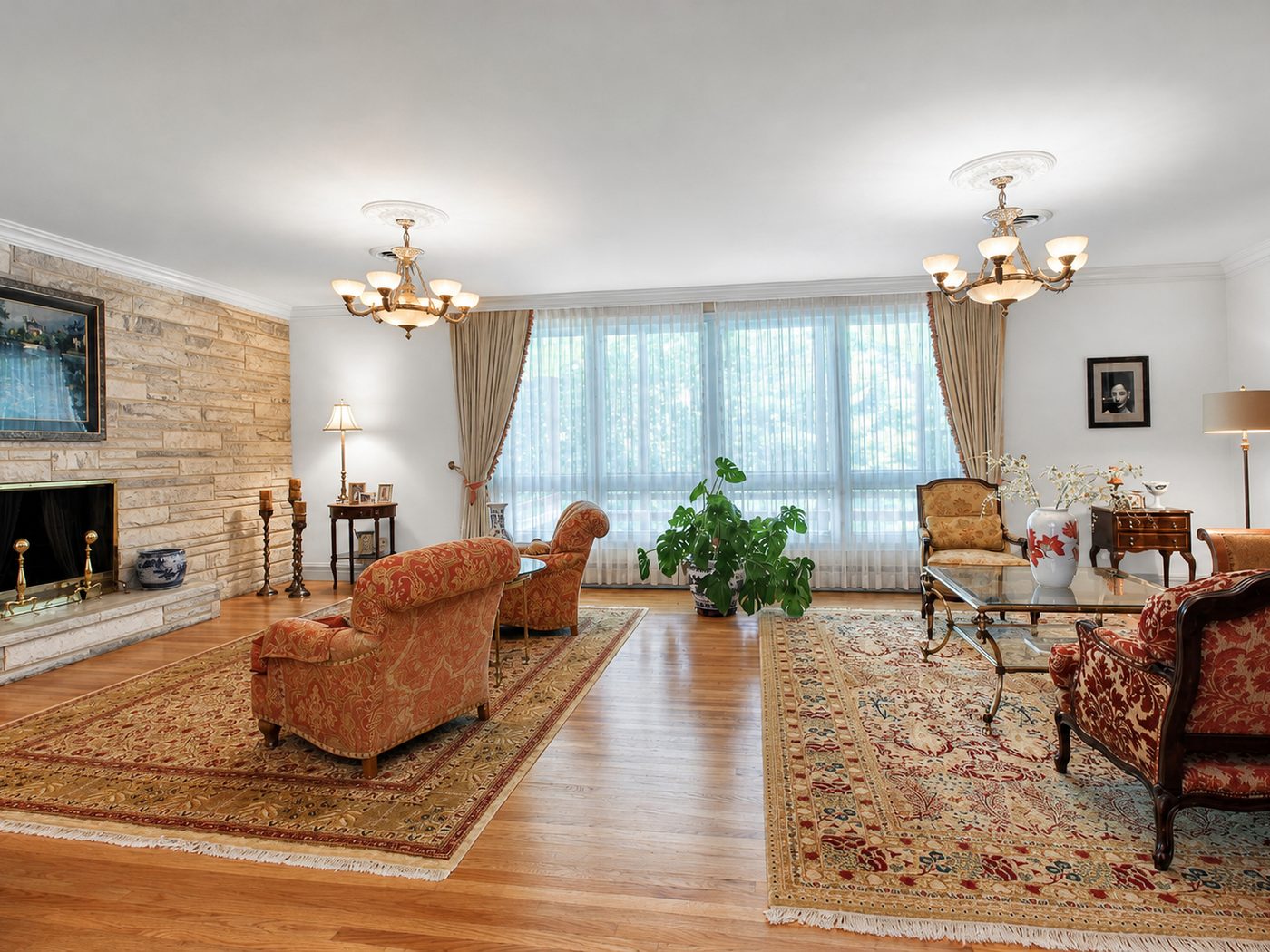 Living room with stone fireplace
