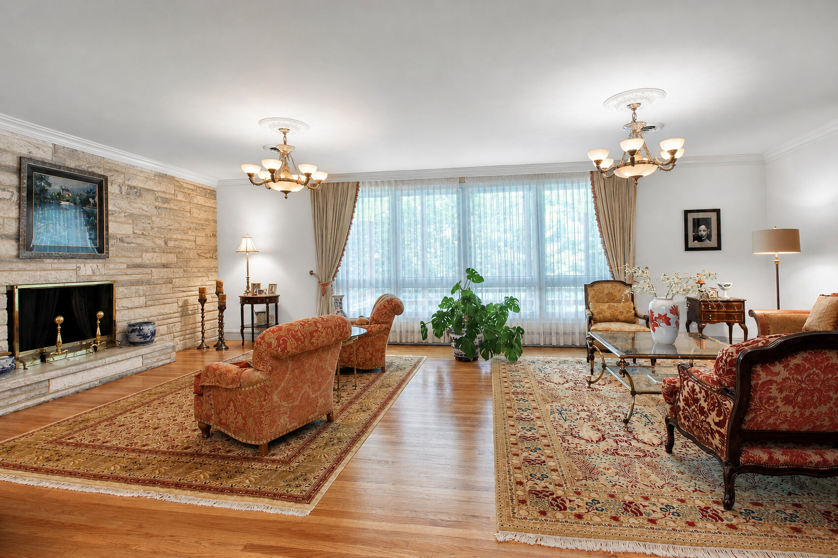 Living room with stone fireplace