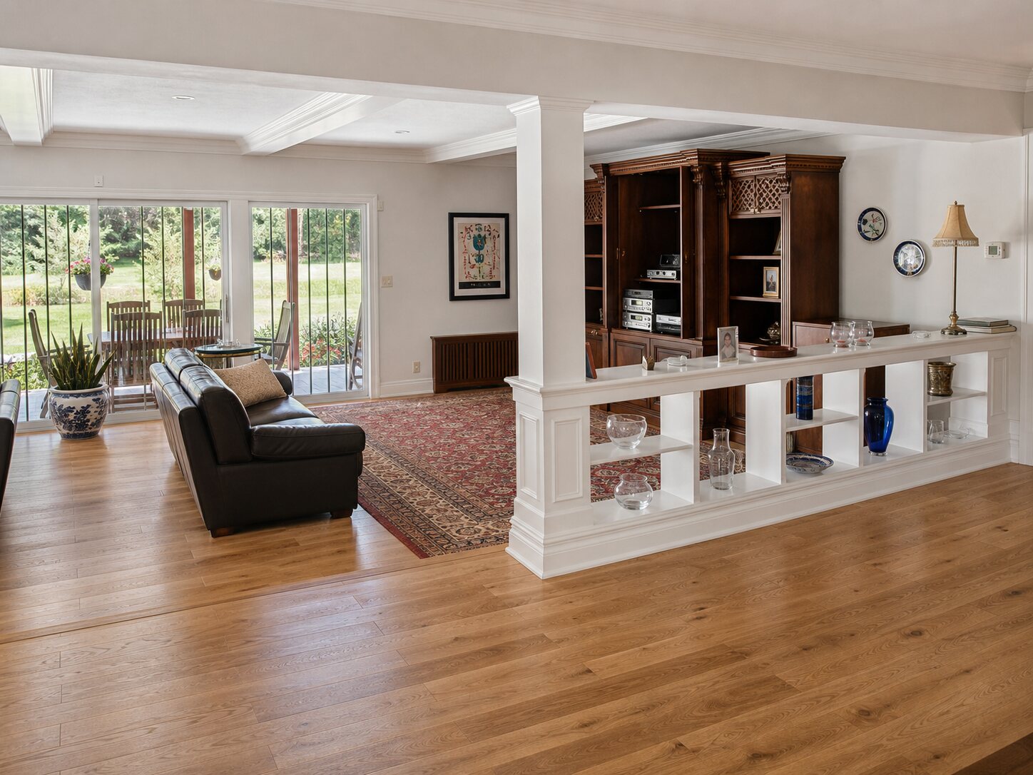 Lower level sitting room with custom built-ins